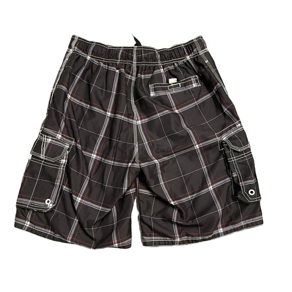 OP Black White Red Board Shorts Swim Trunks Windowpane pattern mesh lining Med - Picture 2 of 13